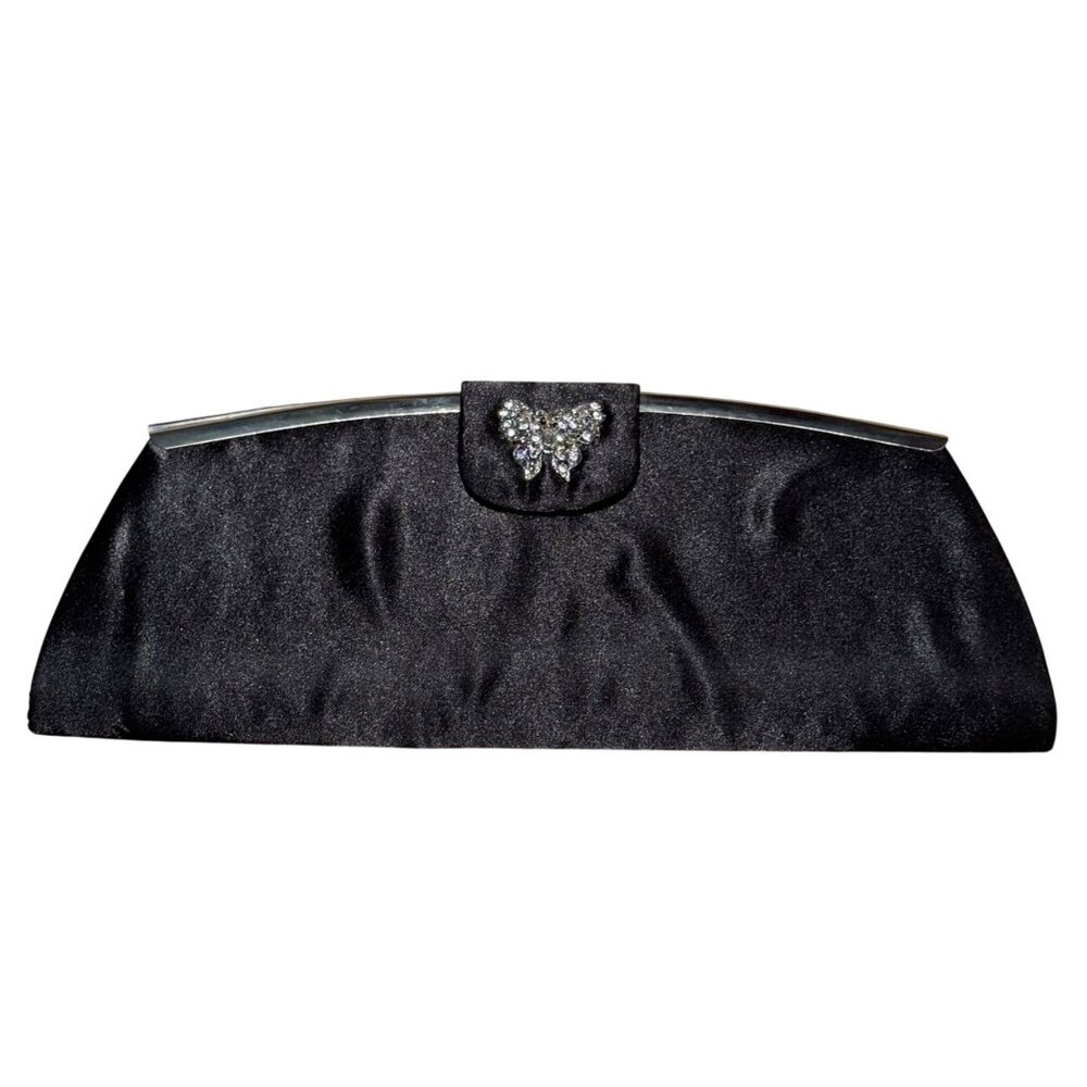 TOVA Beverly Hills Women's Clutch Purse Black Satin Rhinestone Butterfly Evening
